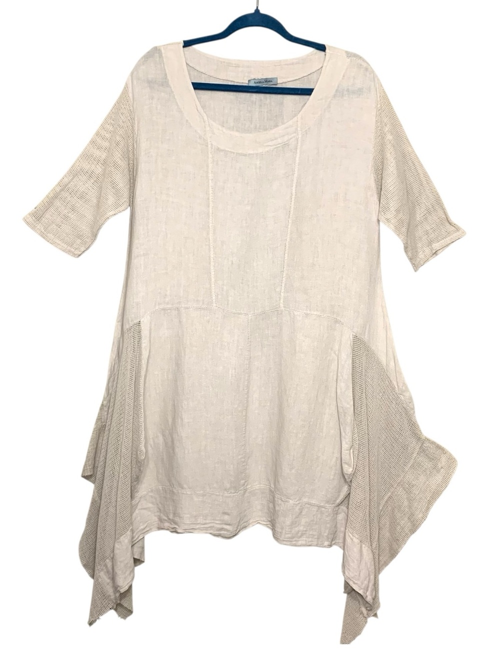 Angela Mara Tan Asymmetrical Tunic Top Linen Cotton Italy Sz 9-M Lagenlook